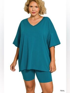 Zenana Teal Plus Cotton V-neck Top & Biker Shorts Set